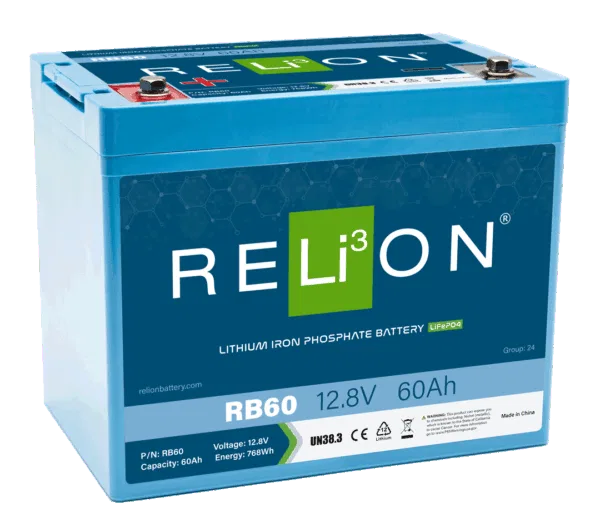 RB60 – RELION Battery, Group 24 12 Volt 60 AH Capacity M8 Threaded Stud Top Terminals Lithium 10.2 Inch Length 6.6 In...